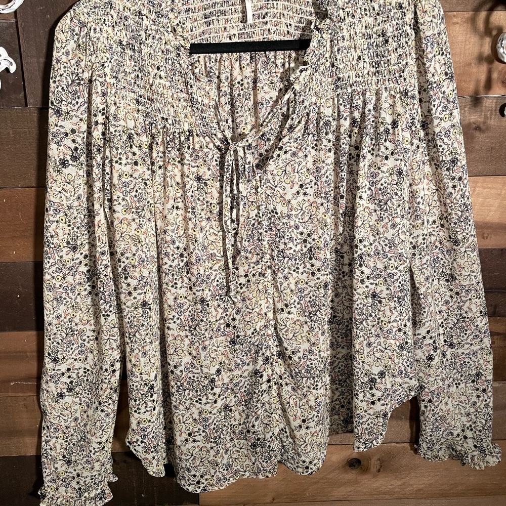 Free People Cream and Black Floral Blouse